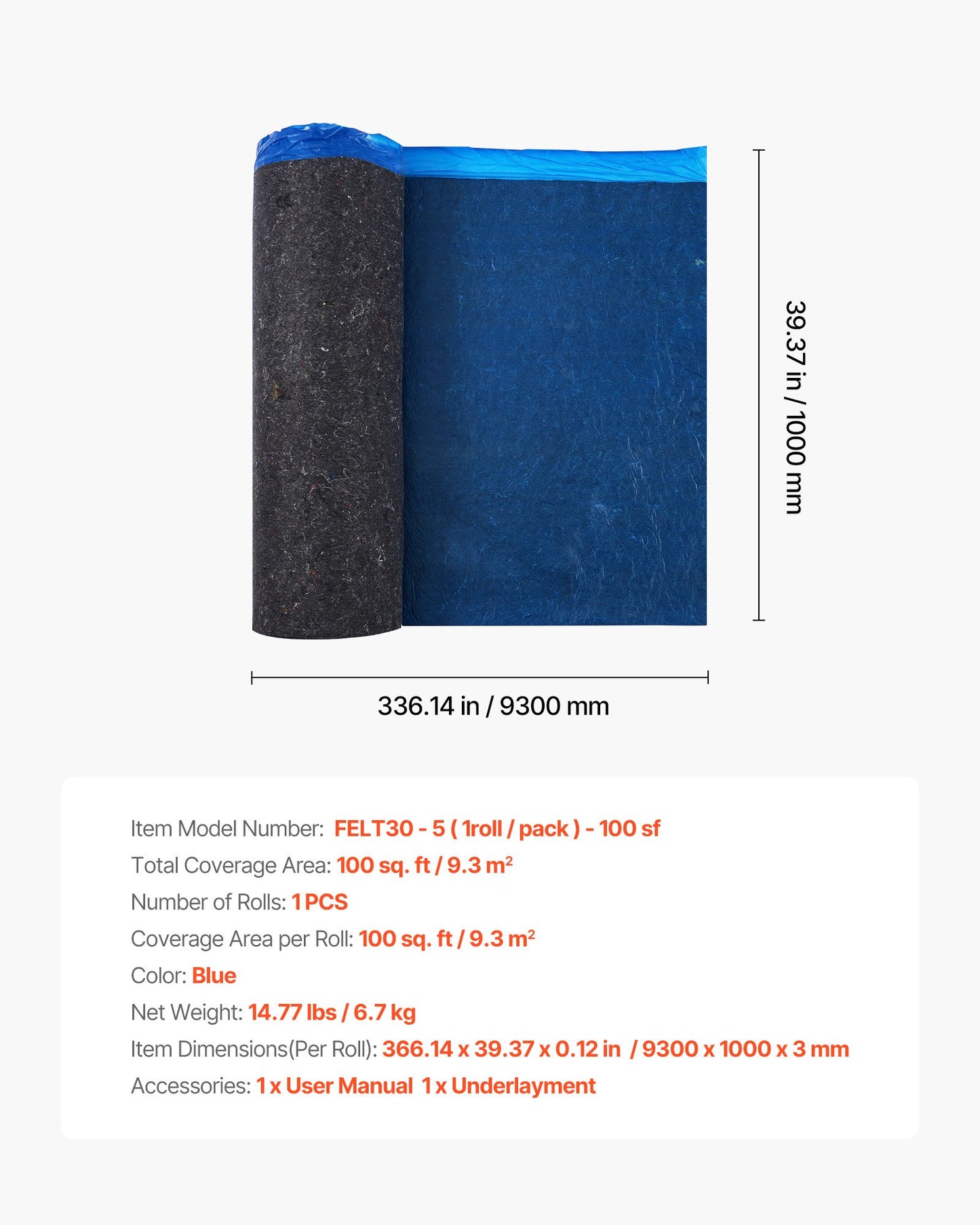 Floor Underlayment 9.3 m²/Roll, 3 mm Thick Laminate Flooring Padding with Attached Vapor Barrier, Heavy Duty Fiber + PE Film, Soundproofing & Noise Reduction, Ideal for Vinyl Wood Flooring