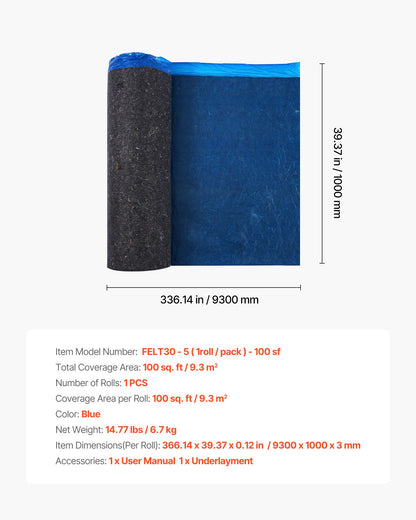 Floor Underlayment 9.3 m²/Roll, 3 mm Thick Laminate Flooring Padding with Attached Vapor Barrier, Heavy Duty Fiber + PE Film, Soundproofing & Noise Reduction, Ideal for Vinyl Wood Flooring