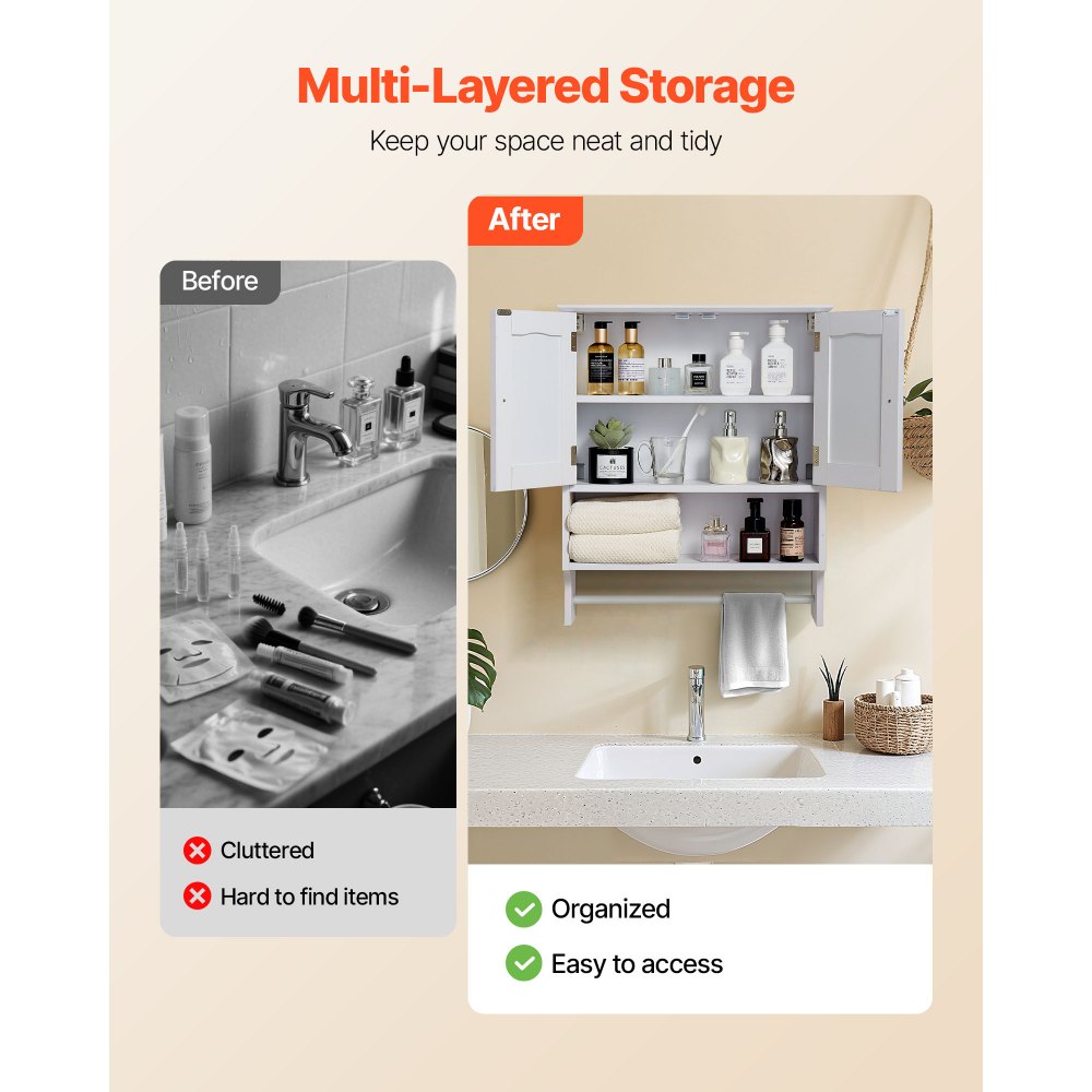  Bathroom Wall Cabinet Storage Medicine Cabinet with Tower Bar and 2 Doors