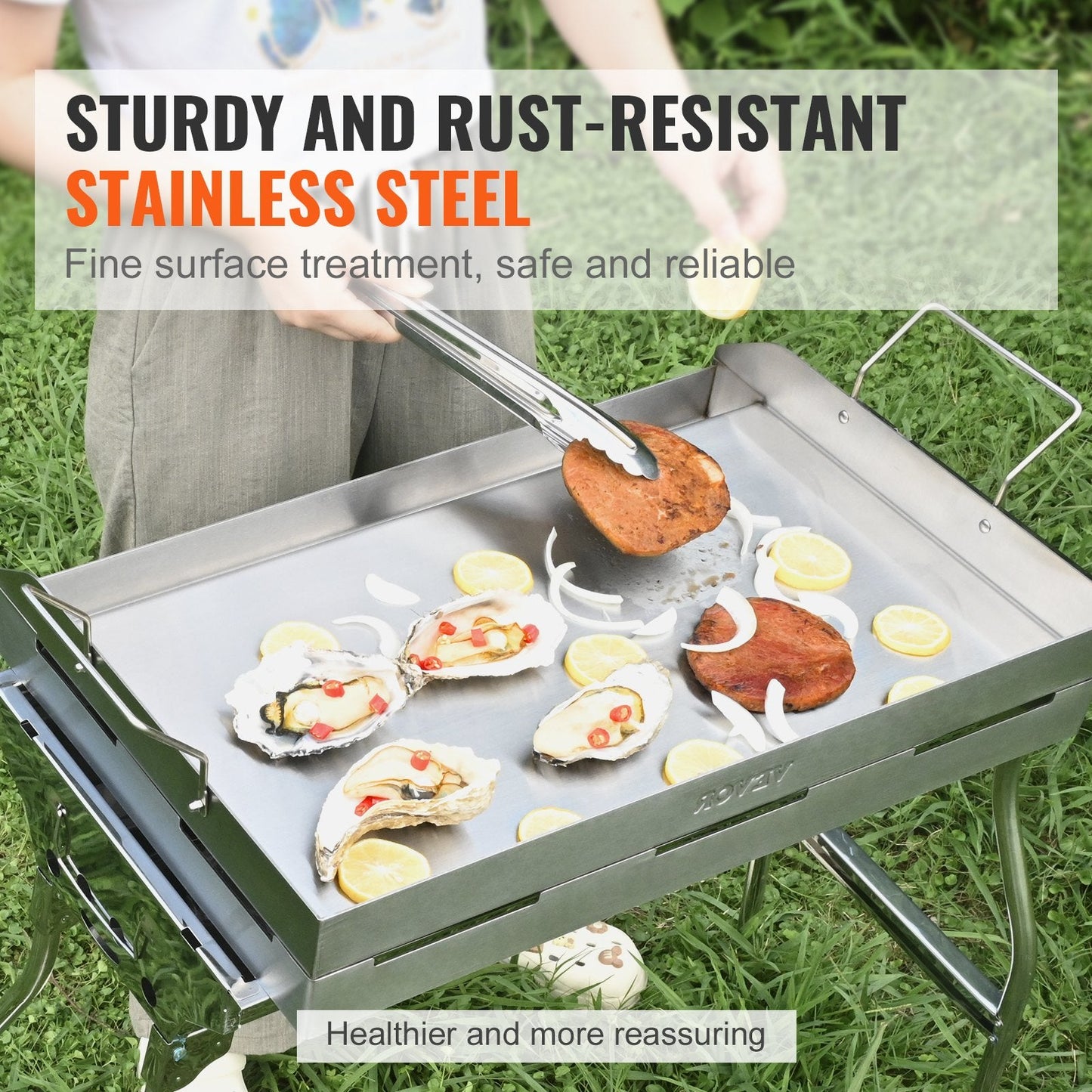 Stainless Steel Double Burner Griddle Pan, 0.59m x 0.39m, Non-Stick with Handles