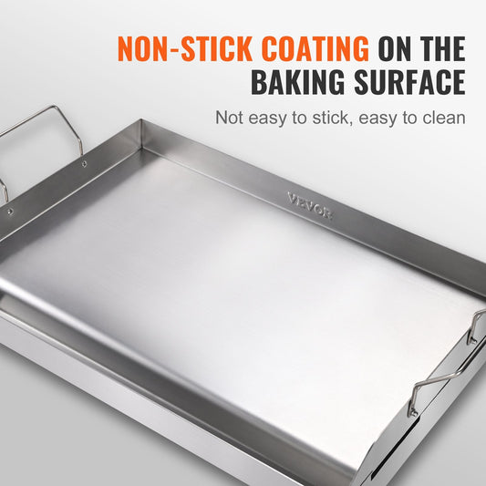 Stainless Steel Double Burner Griddle Pan, 0.59m x 0.39m, Non-Stick with Handles