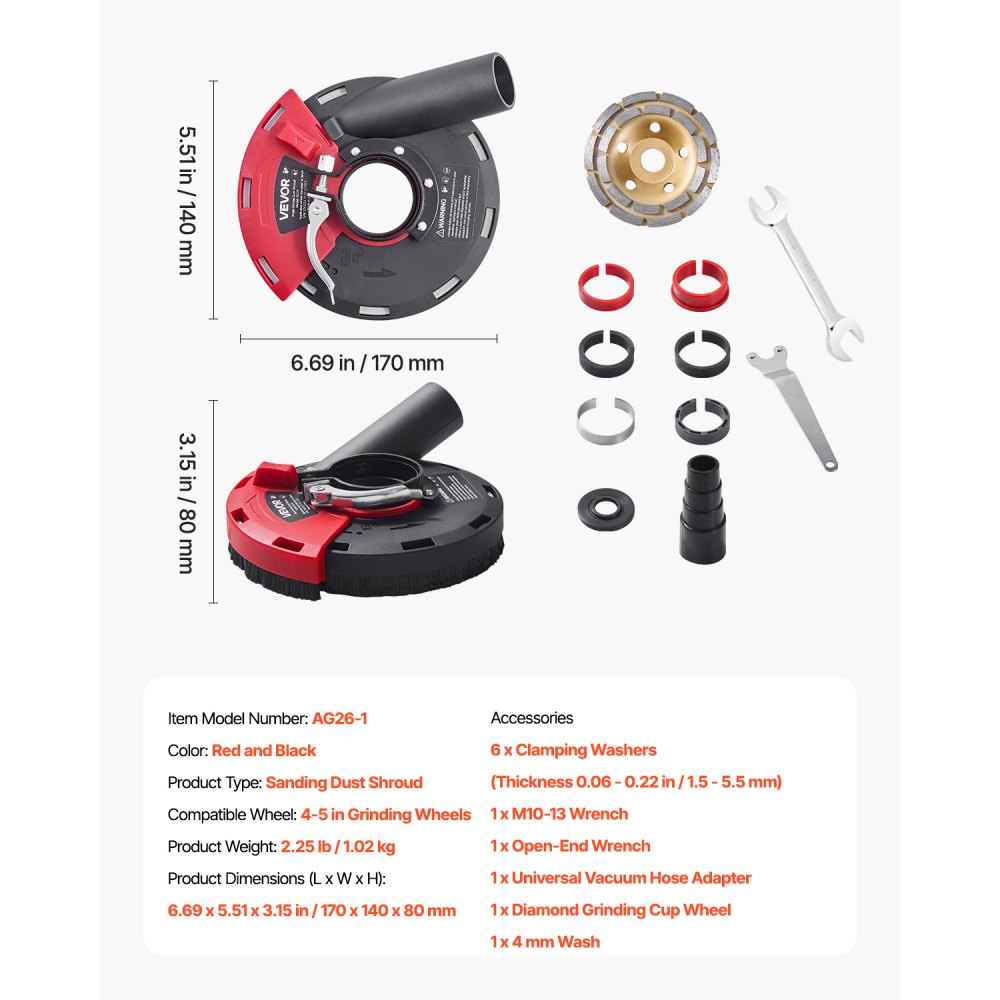 VEVOR Angle Grinder Dust Shroud 4-5 in 6 Clamping Washers & 5 in Grinding Wheel