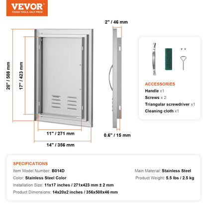 Stainless Steel Outdoor BBQ Kitchen Access Door, 0.36x0.51m, Vertical Mount