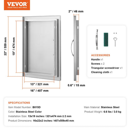 Stainless Steel Outdoor Kitchen Access Door, 0.41x0.56m, Single Flush Mount