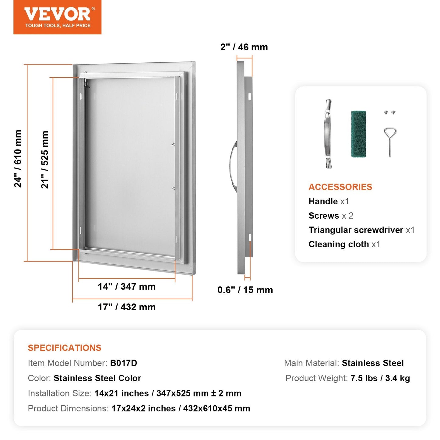 Stainless Steel Outdoor BBQ Access Door, 0.43x0.61m, Vertical Mount with Handle