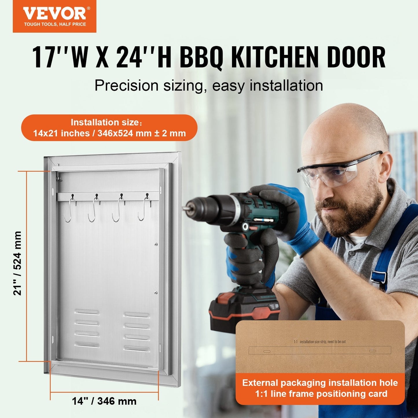 Stainless Steel Outdoor BBQ Door, 0.61x0.43m, Single Flush Mount with Vents & Hook