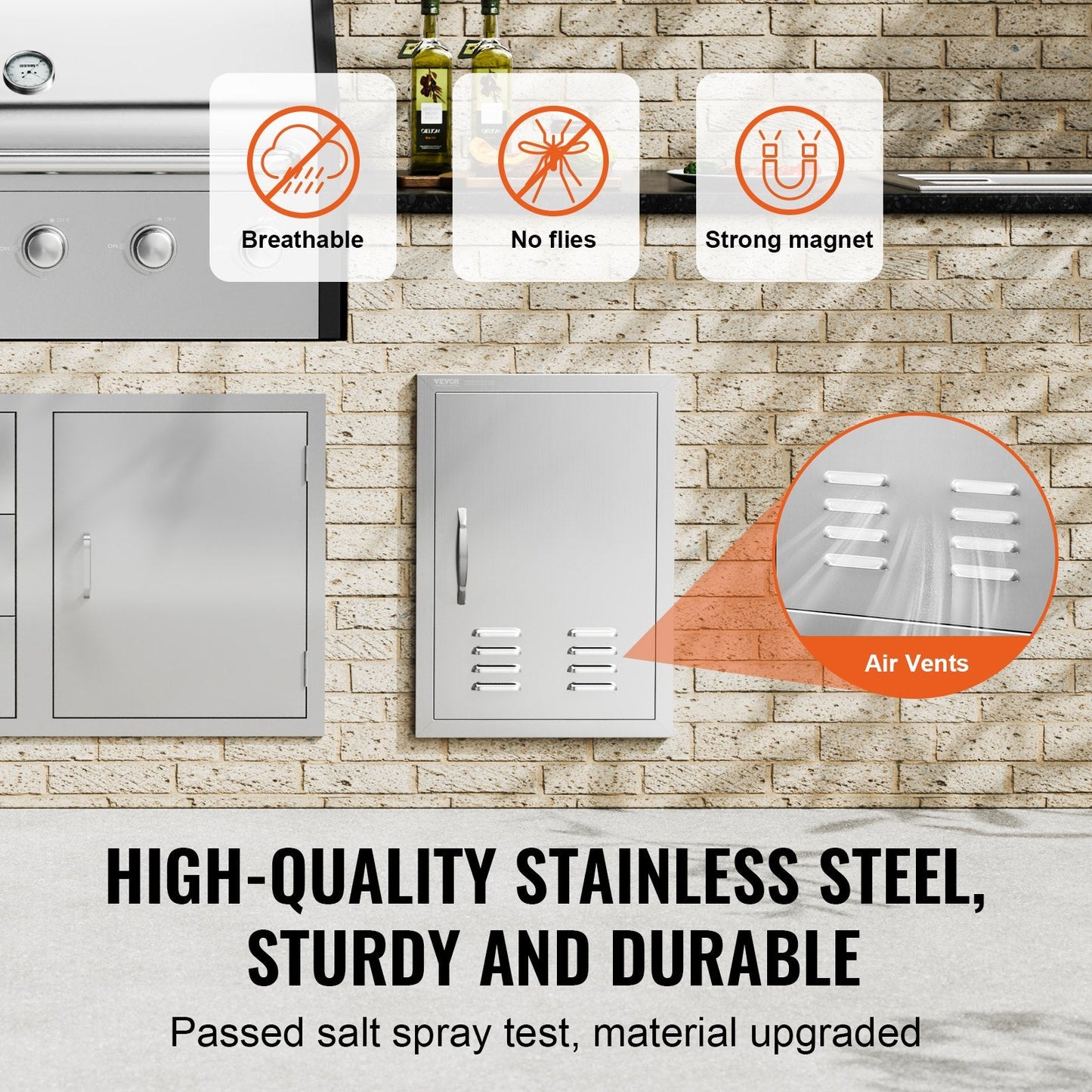 Stainless Steel Outdoor BBQ Door, 0.61x0.43m, Single Flush Mount with Vents & Hook