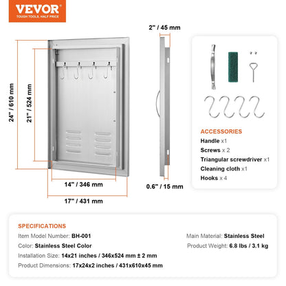 Stainless Steel Outdoor BBQ Door, 0.61x0.43m, Single Flush Mount with Vents & Hook