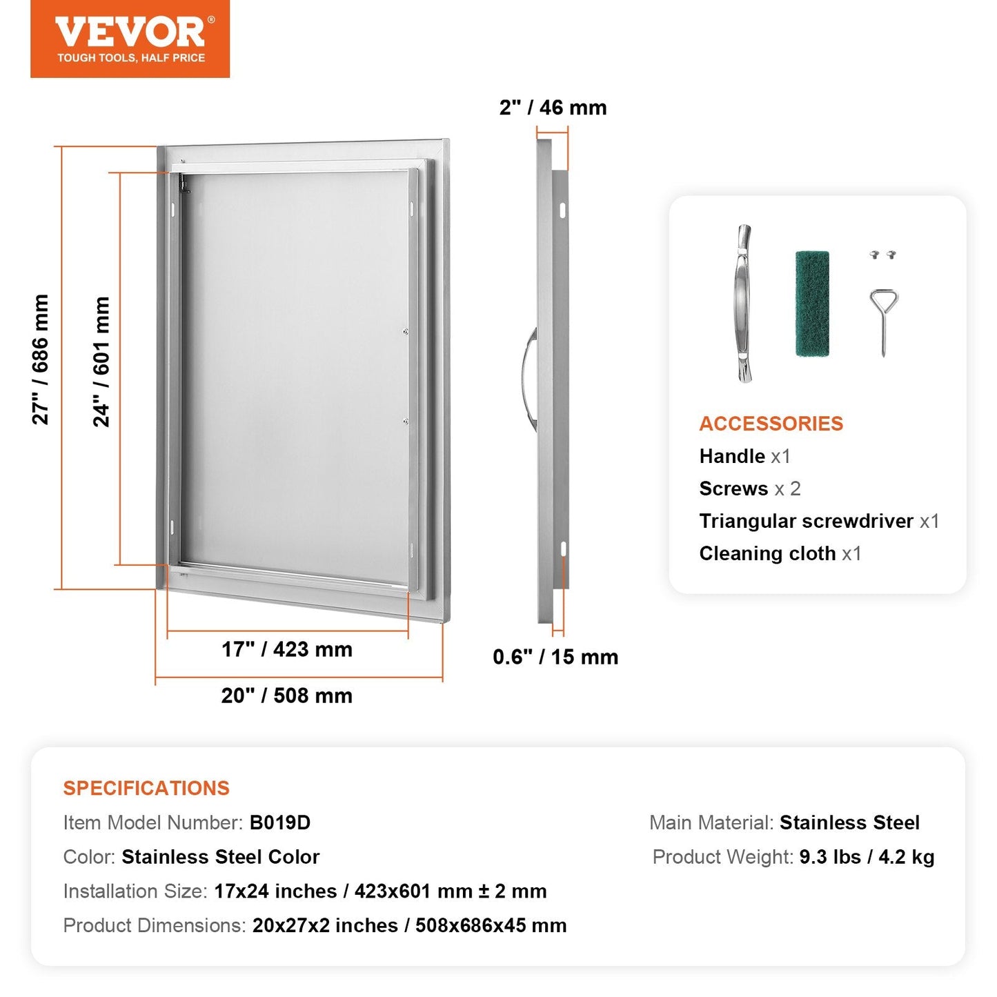 Stainless Steel Outdoor Kitchen Door, 0.5x0.7m, for BBQ Island & Grilling Station