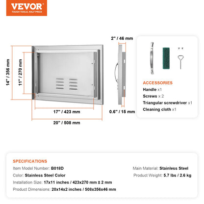 VEVOR BBQ Access Door, 508x356 mm Single Outdoor Kitchen Door, Stainless Steel Flush