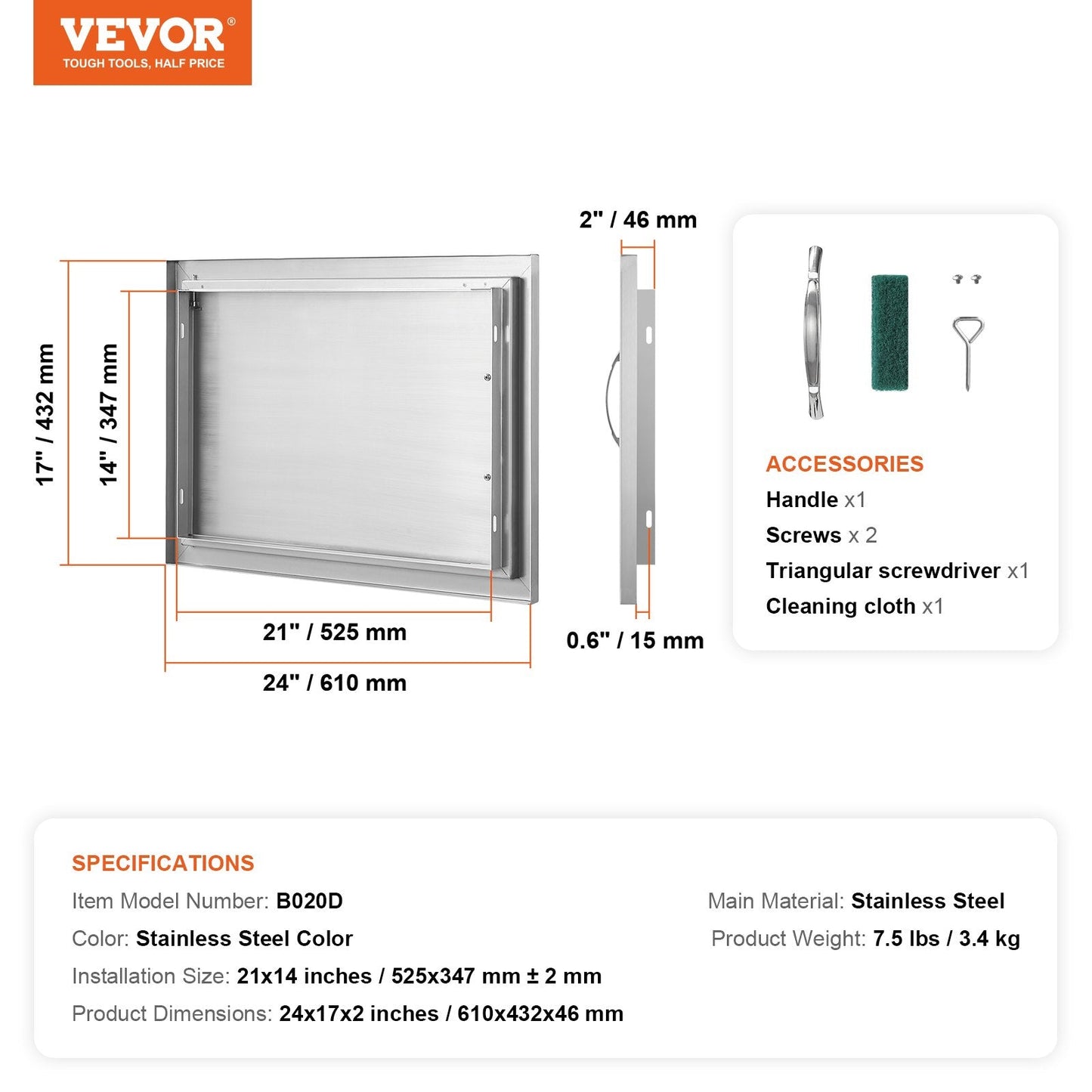 Stainless Steel Outdoor Kitchen Access Door, 0.61x0.43 m, Single Flush Mount