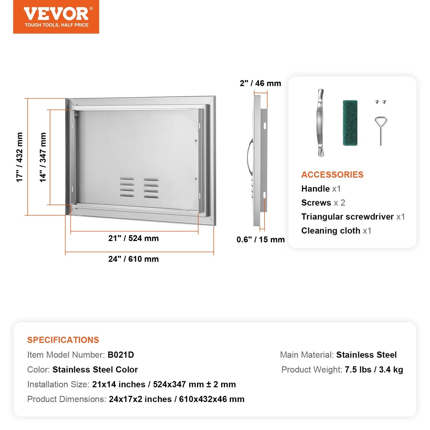 Stainless Steel Outdoor BBQ Access Door with Handle and Vents, 0.61x0.43 m