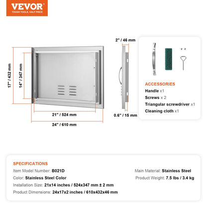 Stainless Steel Outdoor BBQ Access Door with Handle and Vents, 0.61x0.43 m