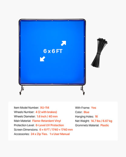Welding Screen with Frame, 1.74 x 1.74 m Welding Curtain Screen, Flame-Resistant Vinyl Protection Screens with Lockable Swivel Wheels & 6-Level UV Protection for Workshop/Industrial Use, Blue