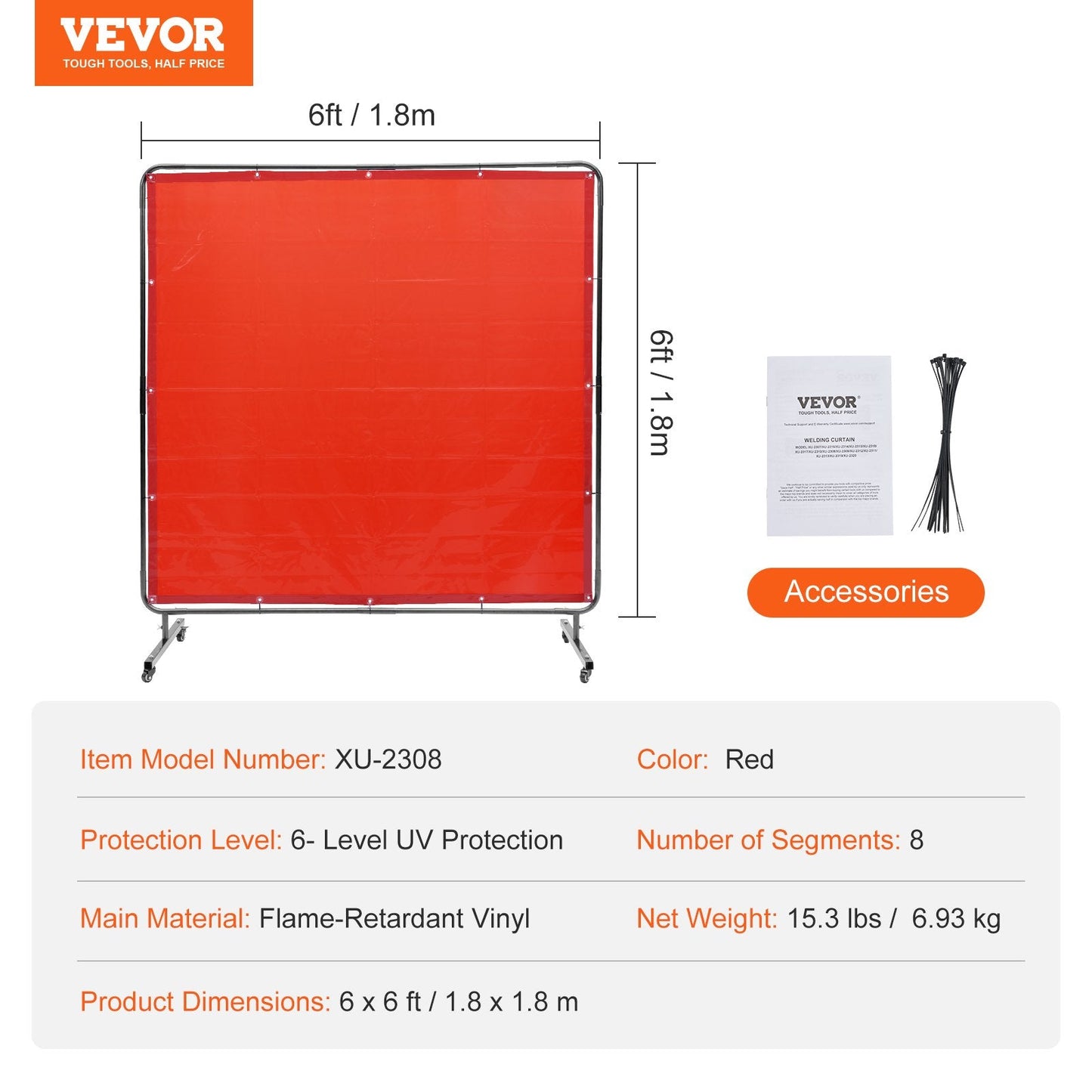 Flame-Resistant 1.8 x 1.8 m Welding Screen with Frame & Wheels - Red