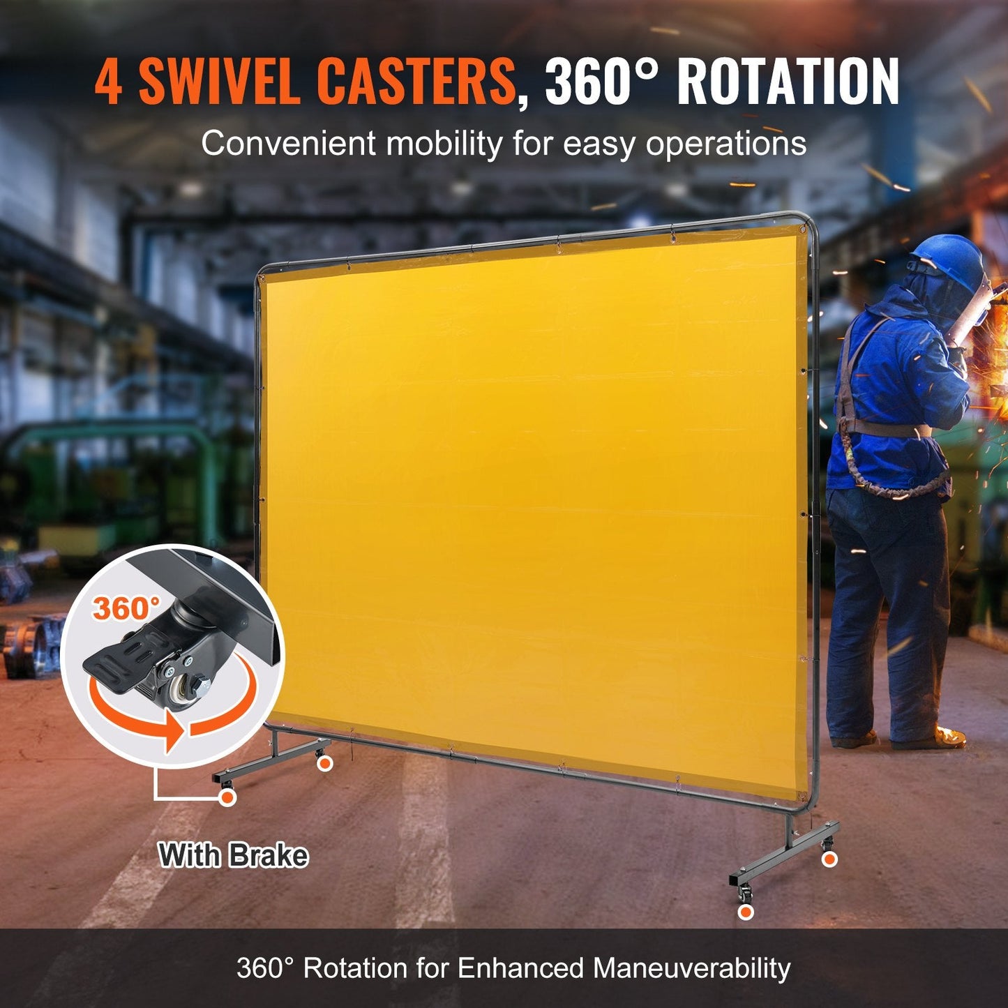 Mobile Yellow Welding Curtain Screen with Frame, 1.8x2.4m, Flame-Resistant Vinyl