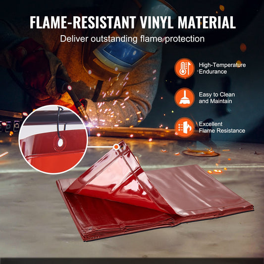 Mobile Welding Screen with Frame, 1.8 x 2.4m Red Flame-Resistant Curtain