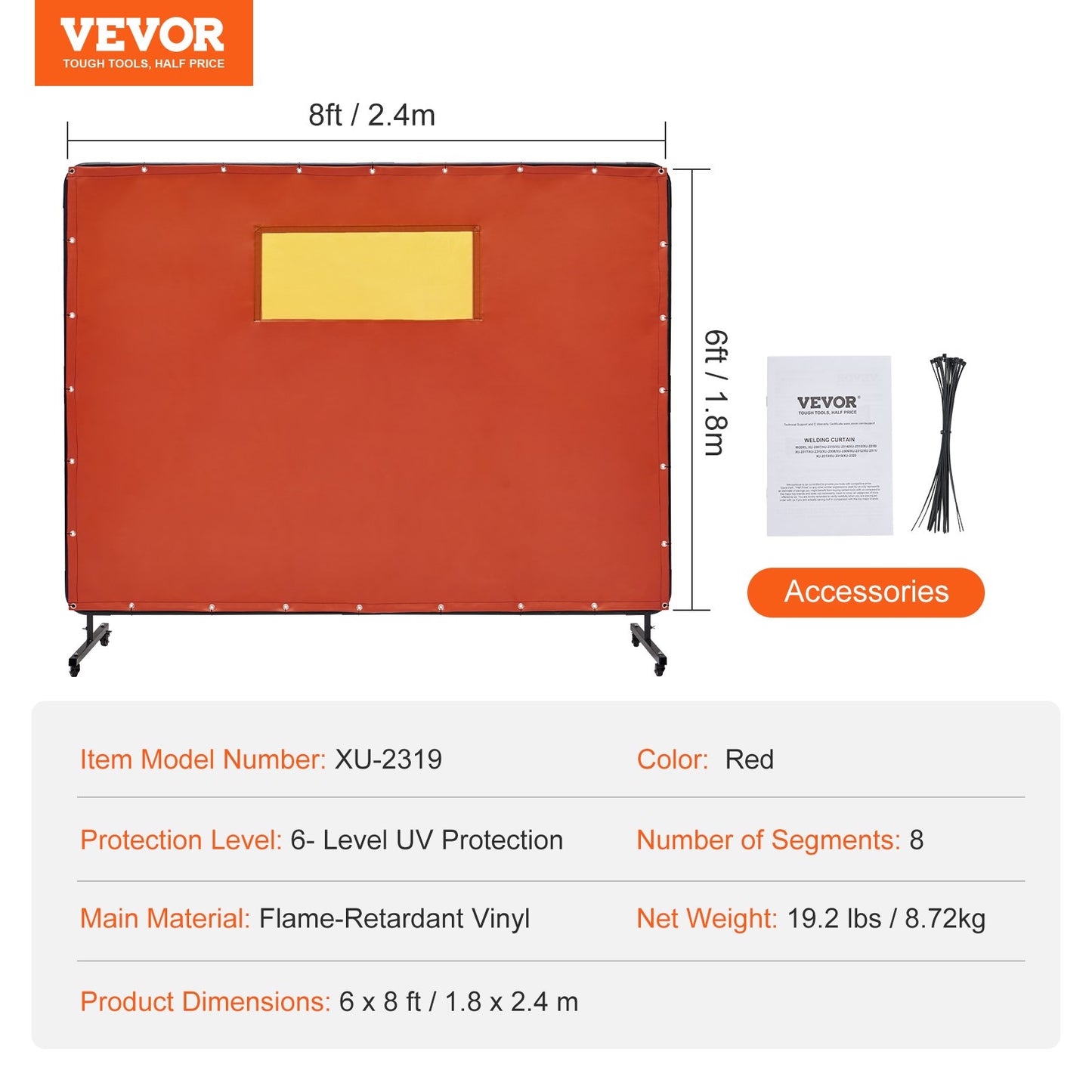 VEVOR Welding Screen with Frame 6'x8' Welding Curtain Screen 4 Wheels & Window