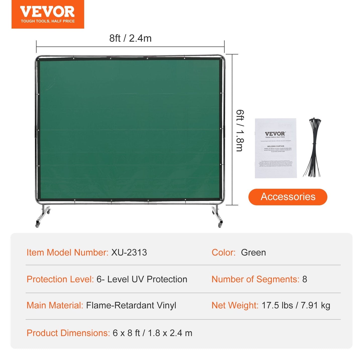 Mobile Welding Curtain with Frame, 1.8 x 2.4 Meter, Flame-Resistant, Green