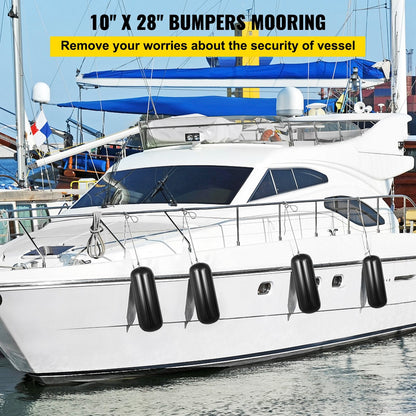 Black Ribbed Boat Fenders, 4 Pack, 25.4 x 71.1 cm, Center Hole Bumpers