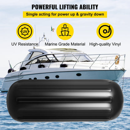 Black Ribbed Boat Fenders, 4 Pack, 25.4 x 71.1 cm, Center Hole Bumpers