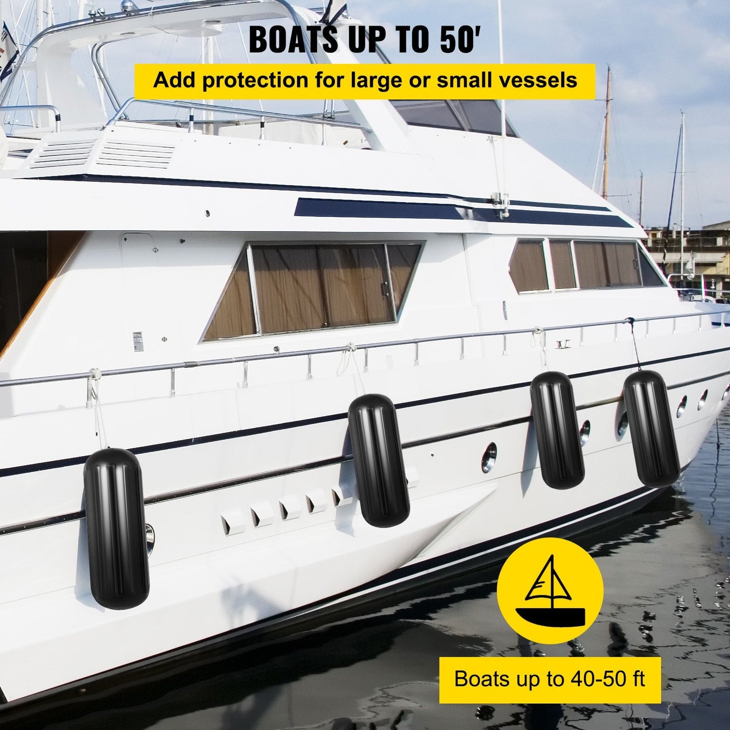 Black Ribbed Boat Fenders, 4 Pack, 25.4 x 71.1 cm, Center Hole Bumpers