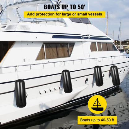 Black Ribbed Boat Fenders, 4 Pack, 25.4 x 71.1 cm, Center Hole Bumpers