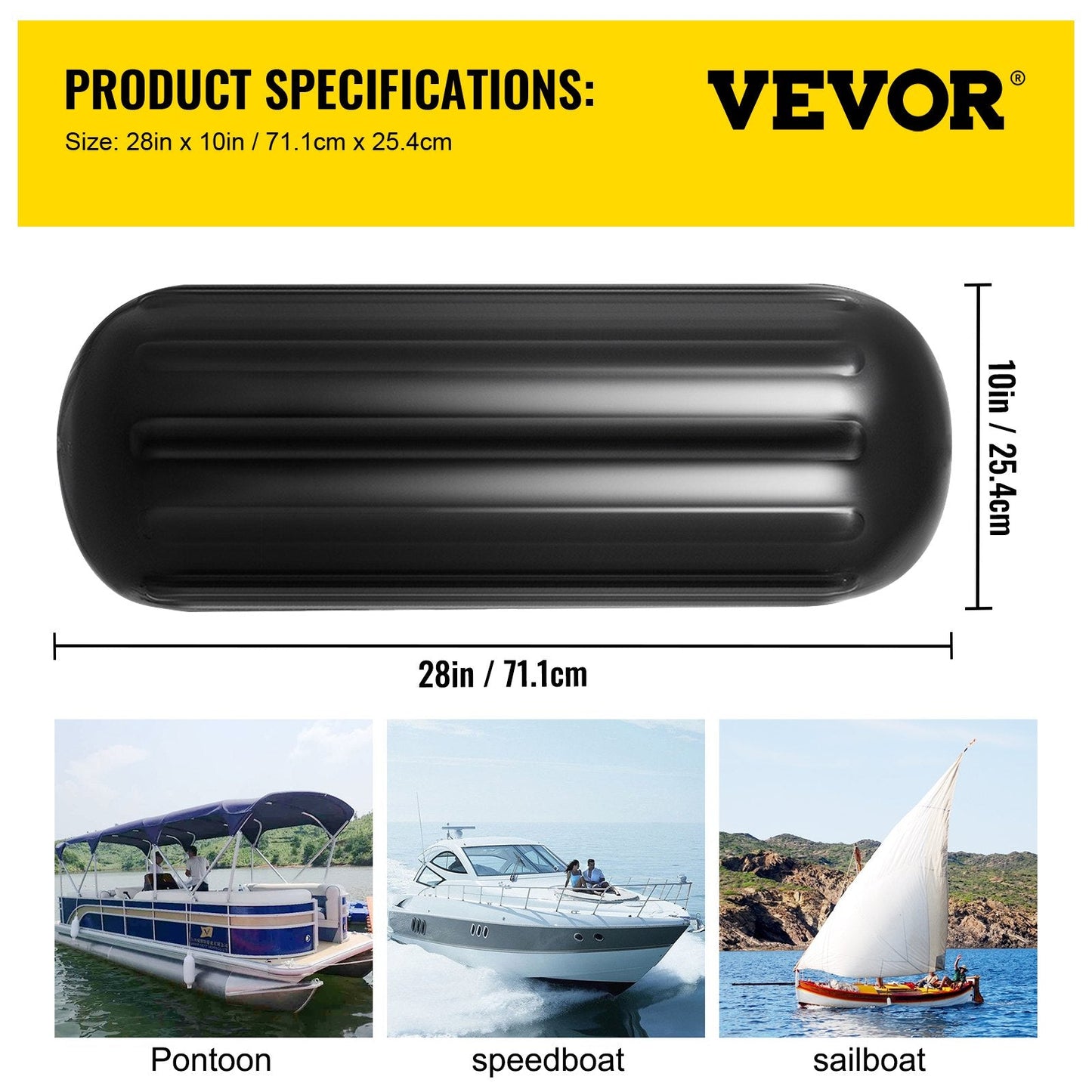 Black Ribbed Boat Fenders, 4 Pack, 25.4 x 71.1 cm, Center Hole Bumpers
