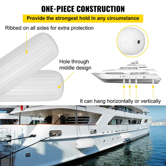 4 Ribbed Boat Fender 0.25m x 0.71m White Center Hole for Mooring Protection
