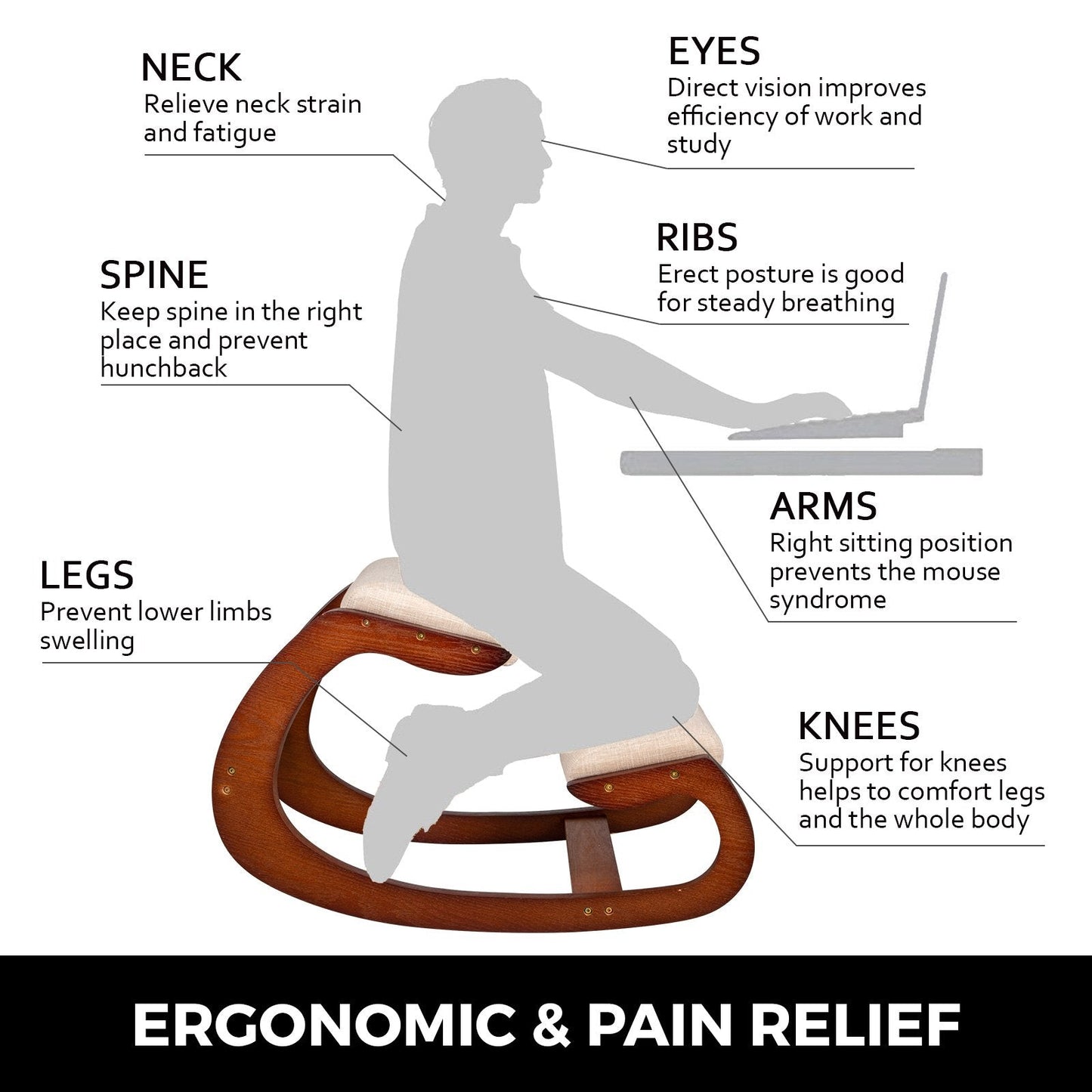 Ergonomic Wooden Kneeling Chair for Neck Pain Relief and Fatigue Reduction