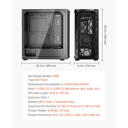 VEVOR PC Case Full-Tower Gaming Computer Case 3 PWM Fans for E-ATX Motherboard