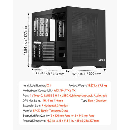 VEVOR Mid-Tower ATX PC Case Dual Chamber Gaming Computer Case No Fan Included