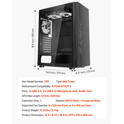 VEVOR Mid-Tower ATX PC Gaming Case Computer Case Box with 3 x 120 mm ARGB Fans