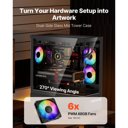 VEVOR Mid-Tower ATX PC Gaming Case Computer Case with 6 x 120 mm PWM ARGB Fans