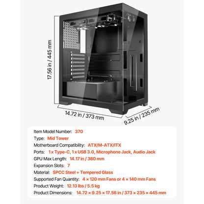VEVOR PC Gaming Case Mid-Tower Computer Case with 2 Fans for ATX Motherboard