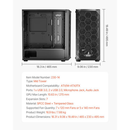 VEVOR PC Gaming Case Mid-Tower Computer Case 4 x 120 mm Fans for ATX/M-ATX/ITX