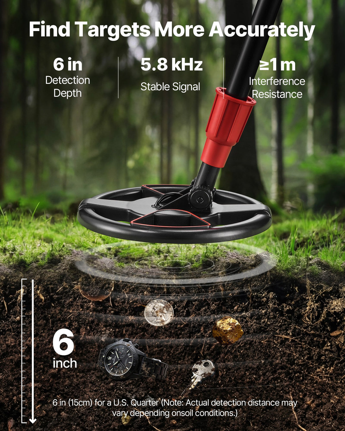 Metal Detector, 152.4 mm, Lightweight Metal Detector with LCD Display, P68 Waterproof Search Coil, Adjustable 580-860 mm High Accuracy Gold Detector, Easy to Use, for Detecting Gold Treasure