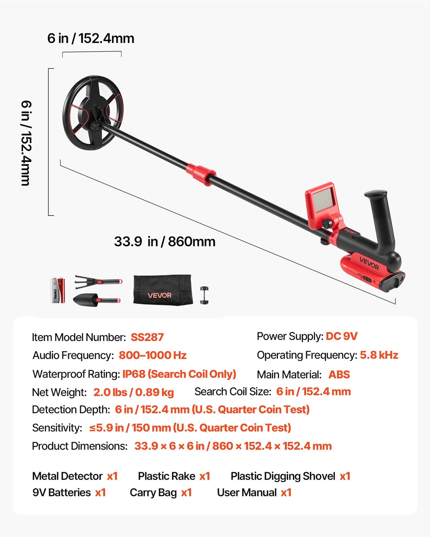 Metal Detector, 152.4 mm, Lightweight Metal Detector with LCD Display, P68 Waterproof Search Coil, Adjustable 580-860 mm High Accuracy Gold Detector, Easy to Use, for Detecting Gold Treasure
