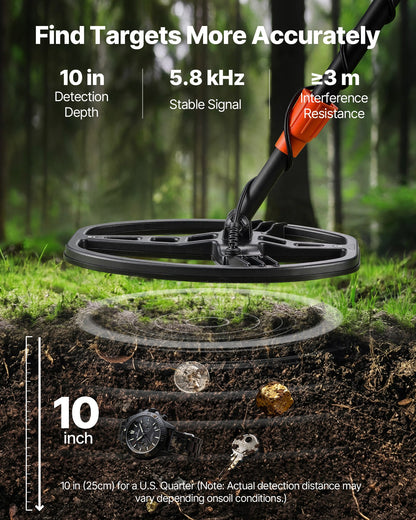 Metal Detector for Adults, 254 mm, Professional High Accuracy Gold Detector, IP68 Waterproof Search Coil with Display, Headphones, 5 Modes, Adjustable Length, for Detecting Gold Treasure Hunting