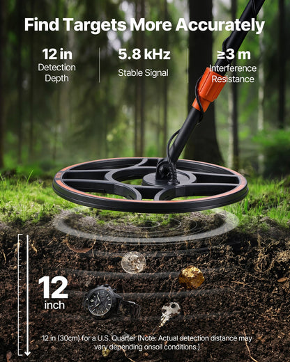 Metal Detector for Adults, 304.8 mm, Professional High Accuracy Gold Detector, IP68 Waterproof Search Coil with Display, Headphones, 6 Modes, Adjustable, for Detecting Gold Treasure Hunting