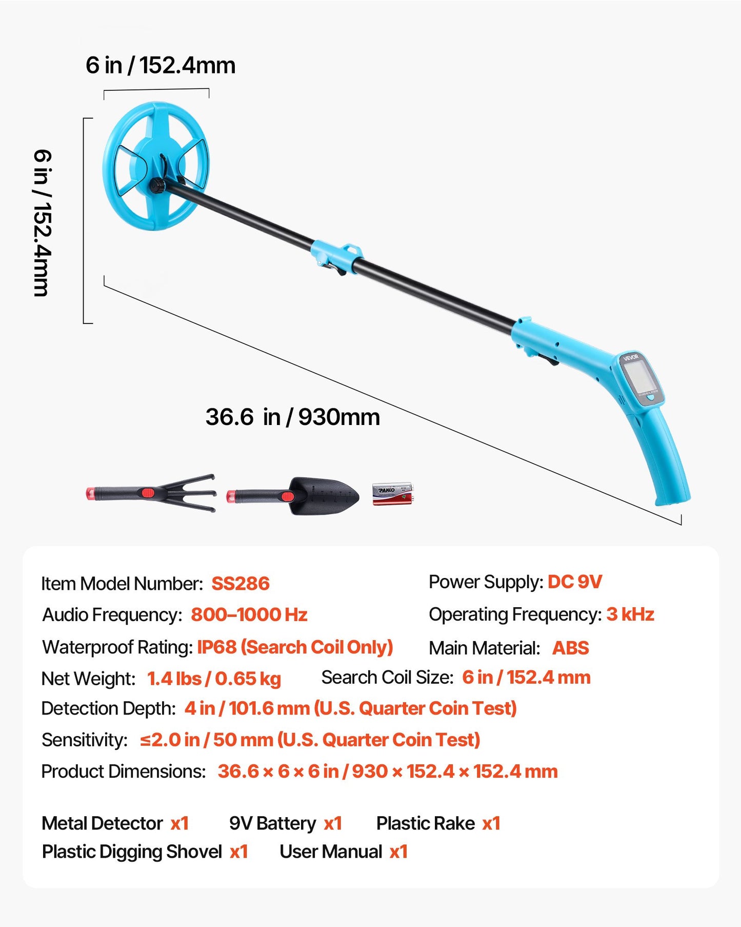 Metal Detector, 101.6 mm, Lightweight Metal Detector with LCD Display, 152.4 mm IP68 Waterproof Search Coil, Adjustable 650-930 mm Gold Detector, Easy to Use, for Detecting Gold Exploration
