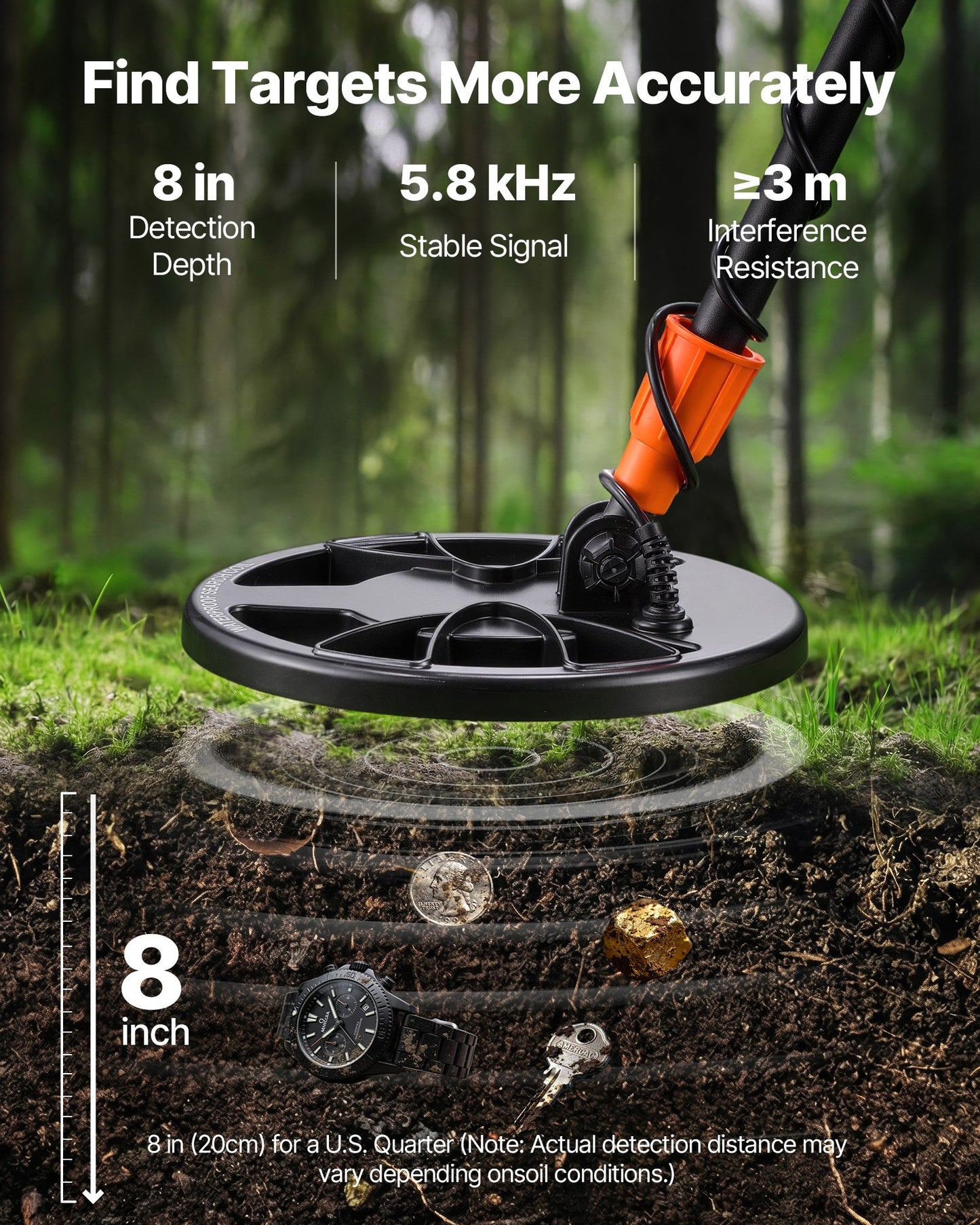 Metal Detector for Adults, 203.2 mm, Professional High Accuracy Gold Detector, IP68 Waterproof Search Coil with Display, Headphones, 3 Modes, Adjustable, for Detecting Gold Treasure Hunting