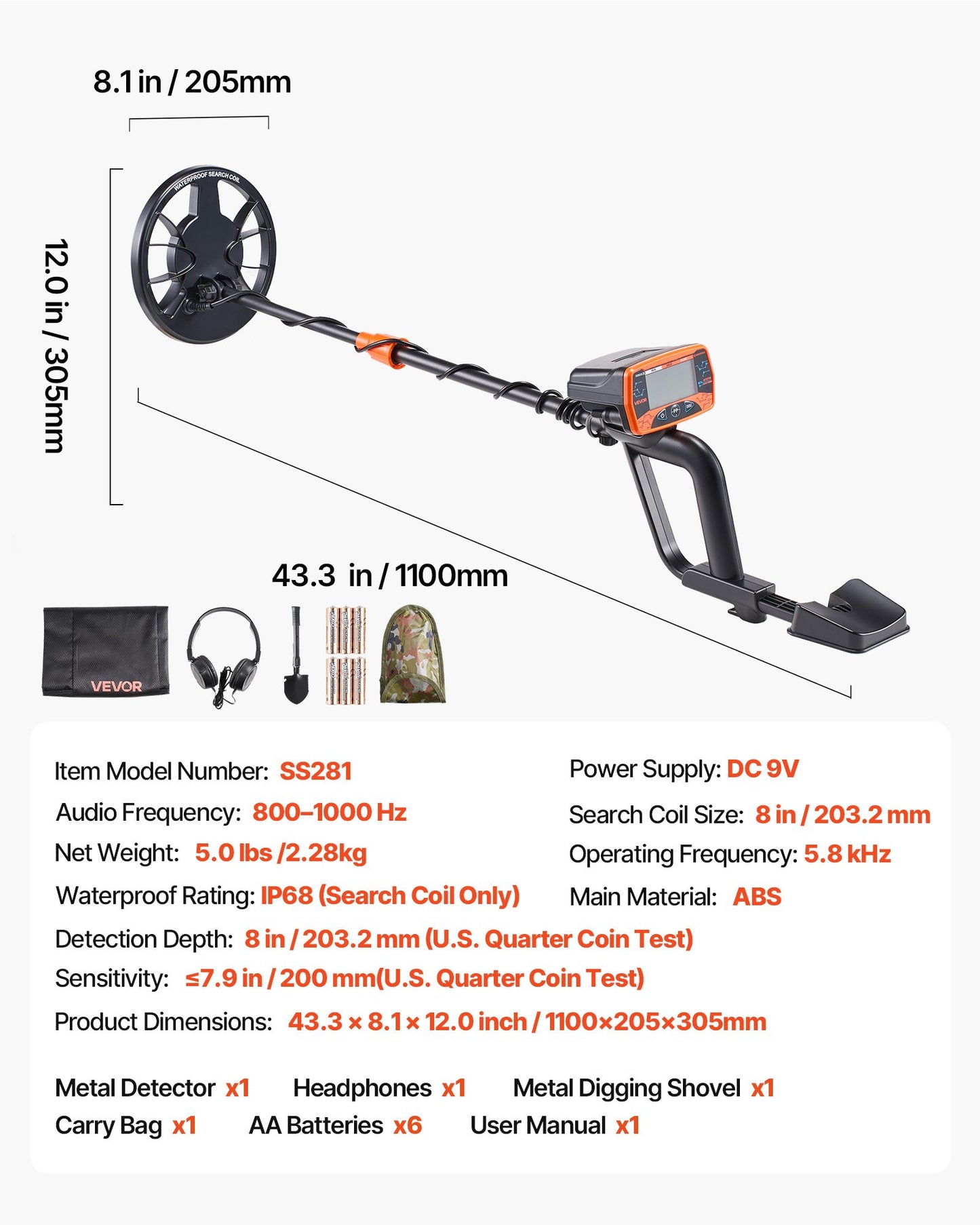 Metal Detector for Adults, 203.2 mm, Professional High Accuracy Gold Detector, IP68 Waterproof Search Coil with Display, Headphones, 3 Modes, Adjustable, for Detecting Gold Treasure Hunting