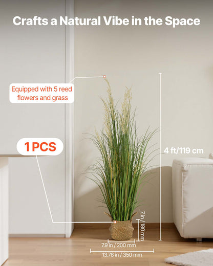 Artificial Grass Plant, 1194mm Reed Flower Grass in Pot, Premium PVC Faux Fake Greenery Shrubs Plant for Indoor Outdoor House Home Garden Office Room Décor, Housewarming, 1 Pack Green