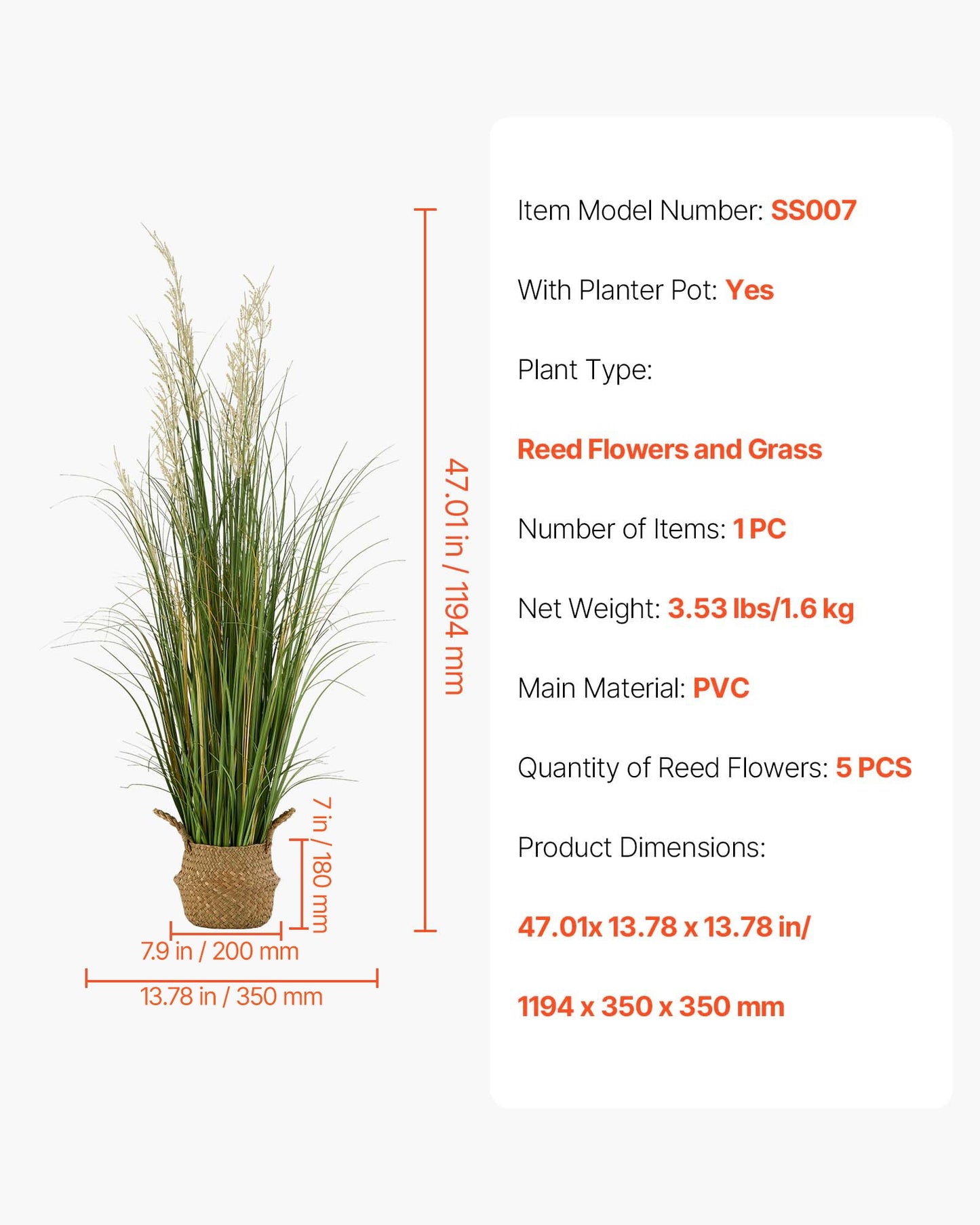 Artificial Grass Plant, 1194mm Reed Flower Grass in Pot, Premium PVC Faux Fake Greenery Shrubs Plant for Indoor Outdoor House Home Garden Office Room Décor, Housewarming, 1 Pack Green
