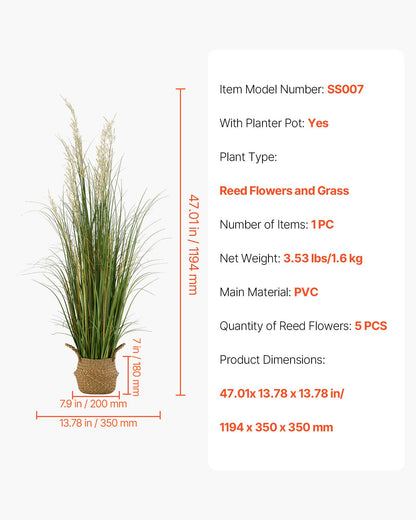 Artificial Grass Plant, 1194mm Reed Flower Grass in Pot, Premium PVC Faux Fake Greenery Shrubs Plant for Indoor Outdoor House Home Garden Office Room Décor, Housewarming, 1 Pack Green