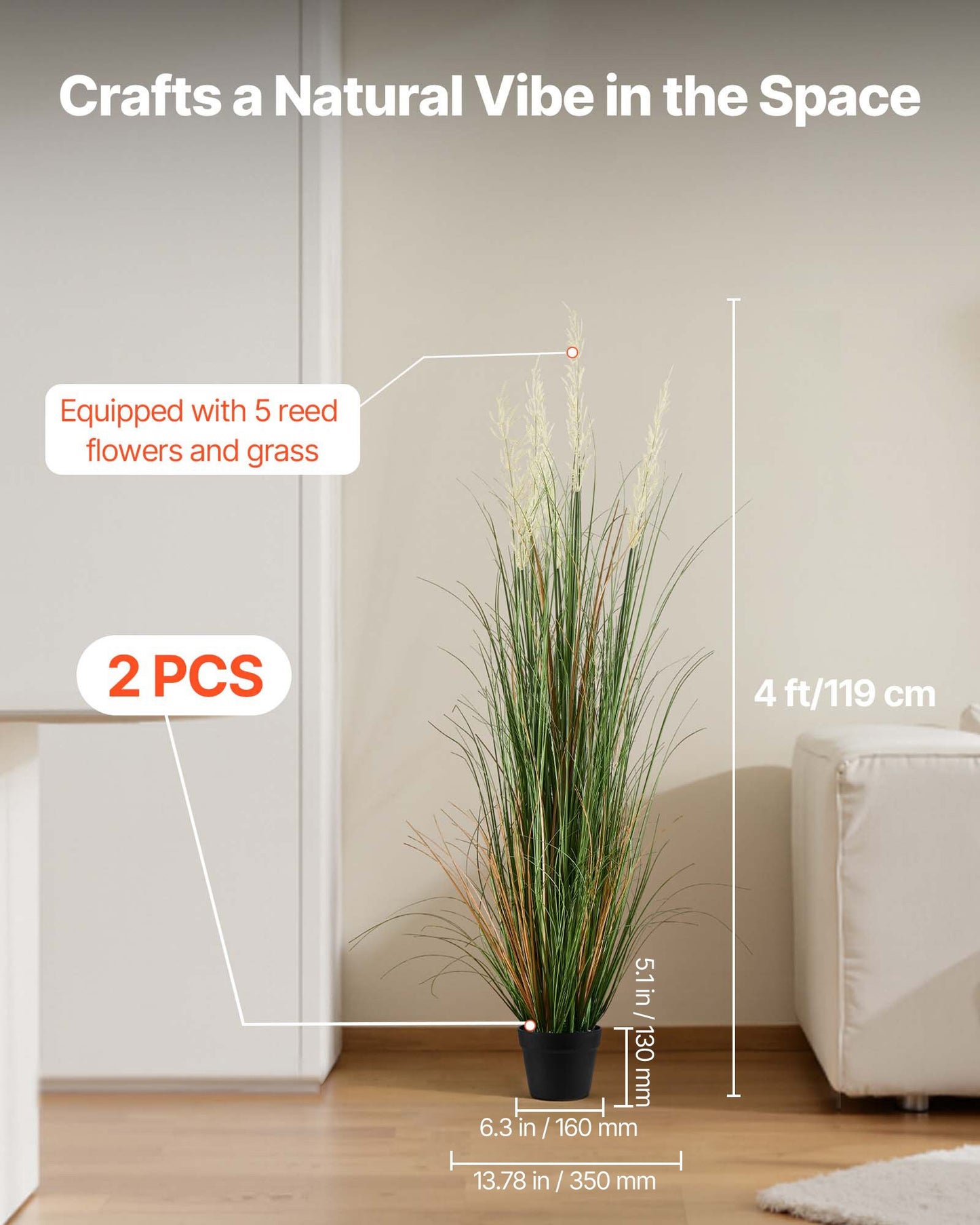 Artificial Grass Plant, 2 Pack 1194mm Reed Flower Grass in Pot, Premium PVC Faux Fake Greenery Shrubs Plant for Indoor Outdoor House Home Garden Office Room Décor, Housewarming, Green