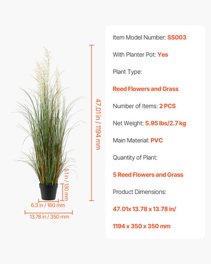 Artificial Grass Plant, 2 Pack 1194mm Reed Flower Grass in Pot, Premium PVC Faux Fake Greenery Shrubs Plant for Indoor Outdoor House Home Garden Office Room Décor, Housewarming, Green