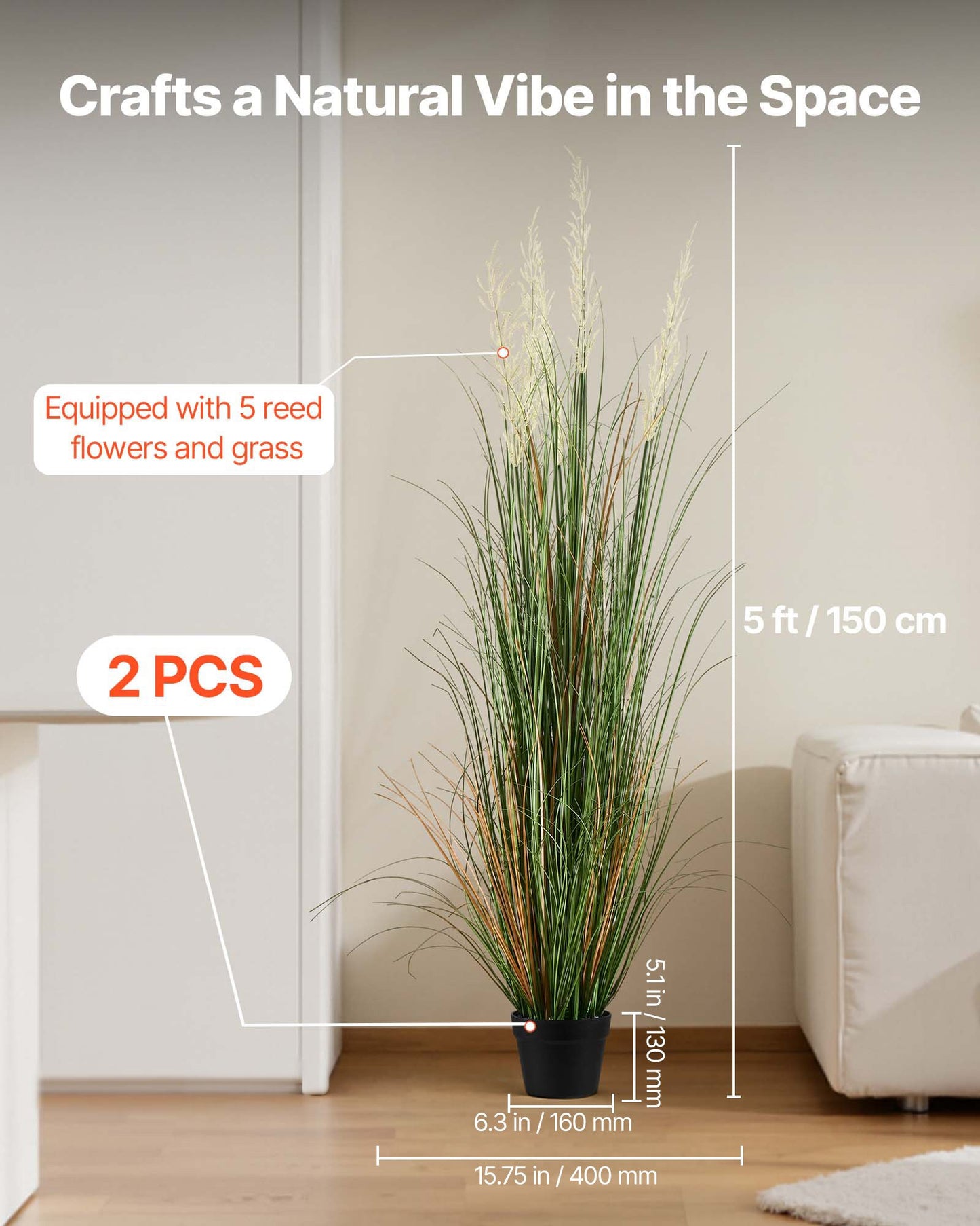 Artificial Grass Plant, 2 Pack 1499mm Faux Reed Flower Grass in Pot, Premium PVC Fake Greenery Shrubs Plant for Indoor Outdoor House Home Garden Office Room Décor, Housewarming, Green