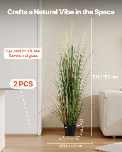 Artificial Grass Plant, 2 Pack 1499mm Faux Reed Flower Grass in Pot, Premium PVC Fake Greenery Shrubs Plant for Indoor Outdoor House Home Garden Office Room Décor, Housewarming, Green